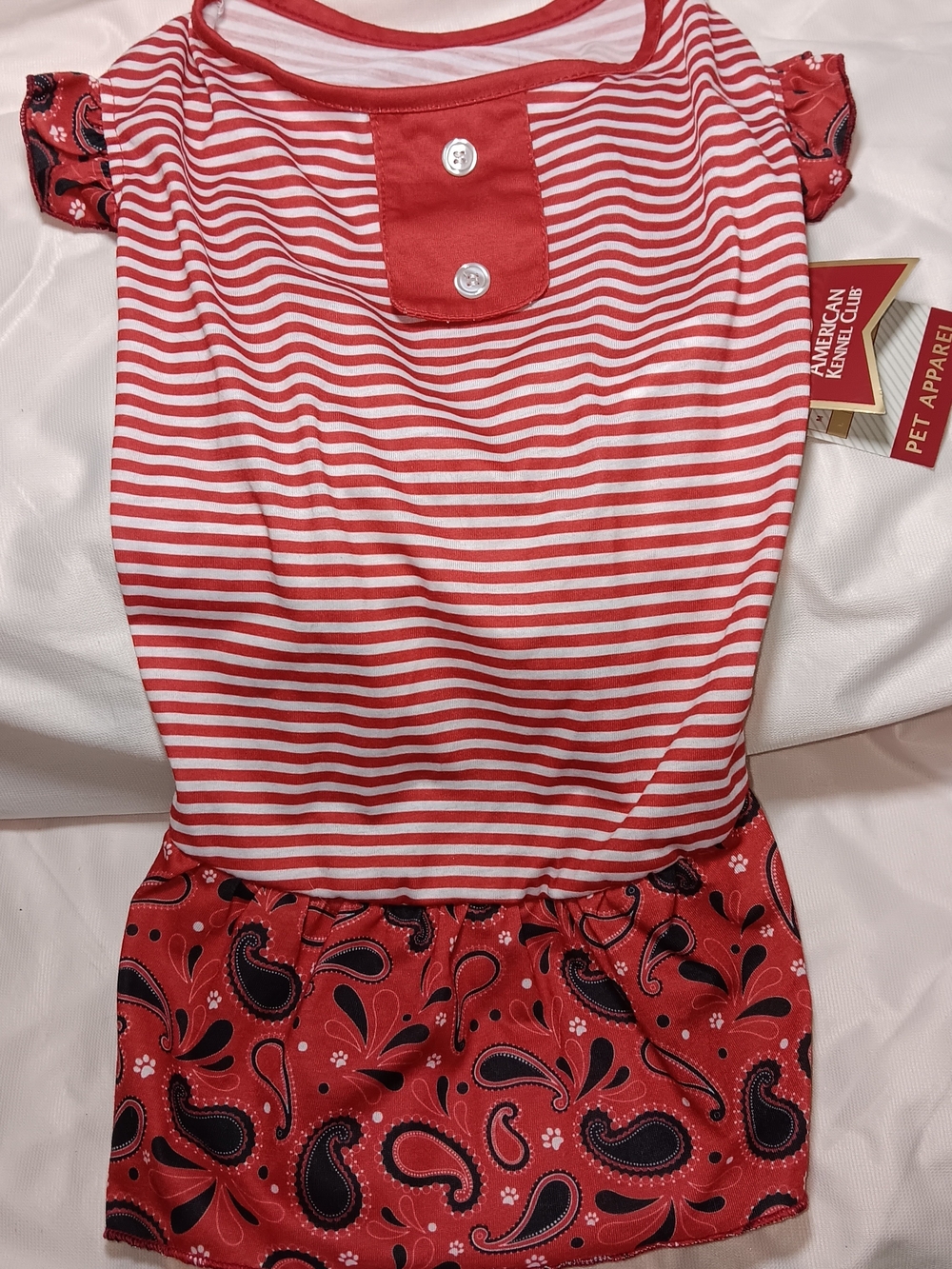 AMERICAN KENNEL CLUB Dog Dress Sz Large Red, White & Black Paisley w/Paw Prints
